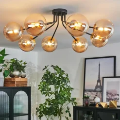 hofstein Plafonnier - Verre 15 cm Chehalis Or, Noir, 8 lumières