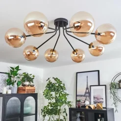 hofstein Plafonnier - Verre 15 cm Chehalis Or, Noir, 8 lumières