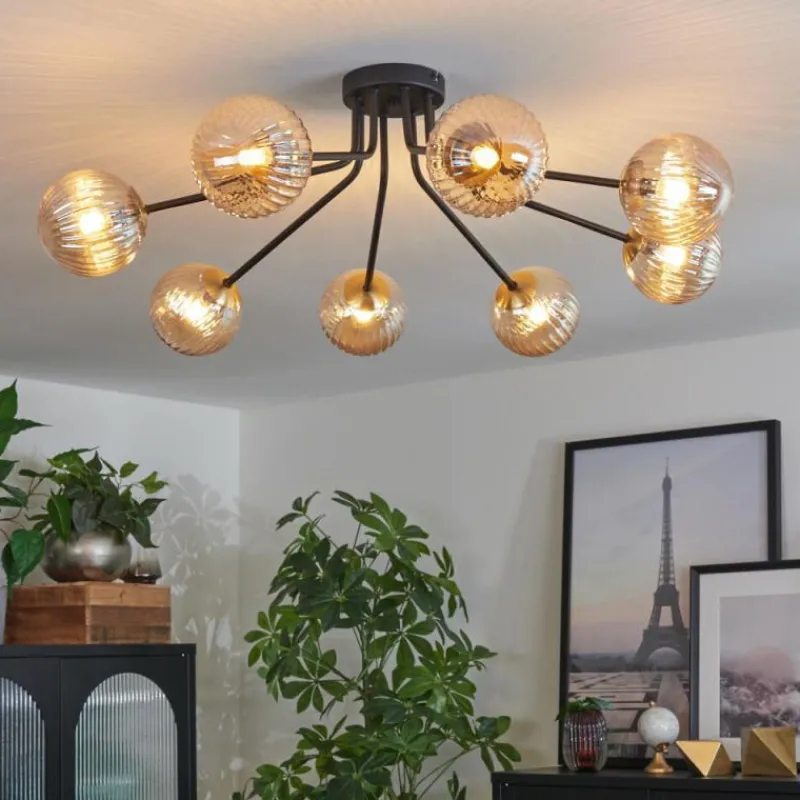 Lampes Dorées-hofstein Plafonnier - Verre 12 cm Chehalis Or, Noir, 8 lumières