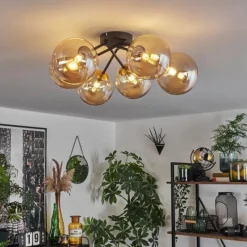 hofstein Plafonnier - Verre 15 cm Chehalis Or, Noir, 6 lumières