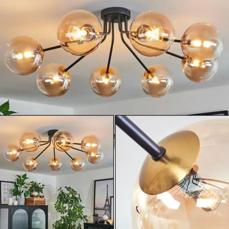 hofstein Plafonnier - Verre 15 cm Chehalis Or, Noir, 8 lumières