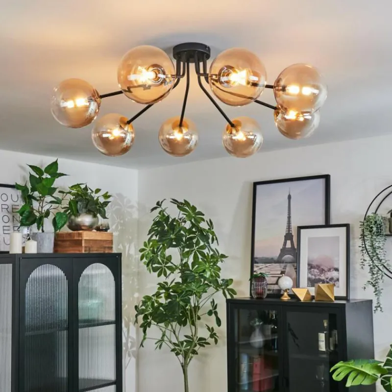 hofstein Plafonnier - Verre 15 cm Chehalis Or, Noir, 8 lumières