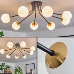 hofstein Plafonnier - Verre 10 cm Chehalis Or, Noir, 8 lumières