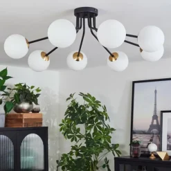 hofstein Plafonnier - Verre 12 cm Chehalis Or, Noir, 8 lumières