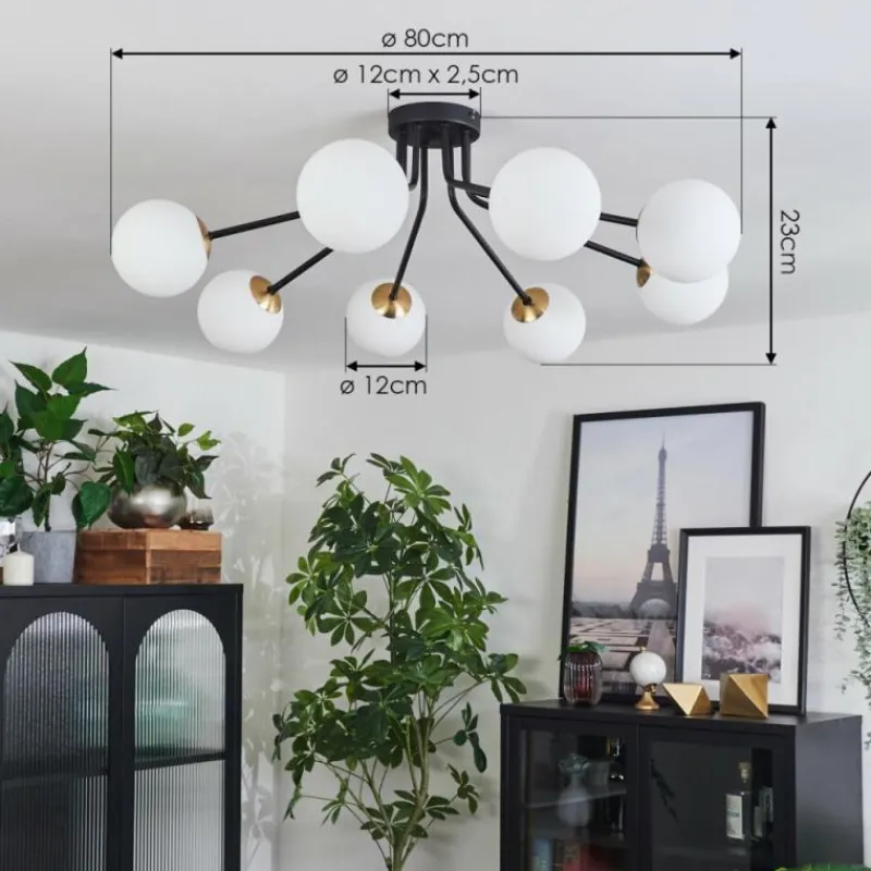 hofstein Plafonnier - Verre 12 cm Chehalis Or, Noir, 8 lumières