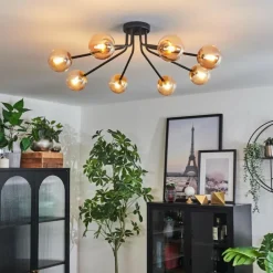 hofstein Plafonnier - Verre 10 cm Chehalis Or, Noir, 8 lumières