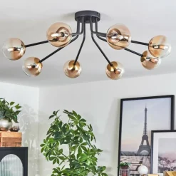 hofstein Plafonnier - Verre 10 cm Chehalis Or, Noir, 8 lumières