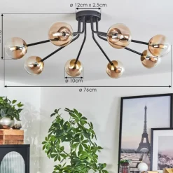 hofstein Plafonnier - Verre 10 cm Chehalis Or, Noir, 8 lumières