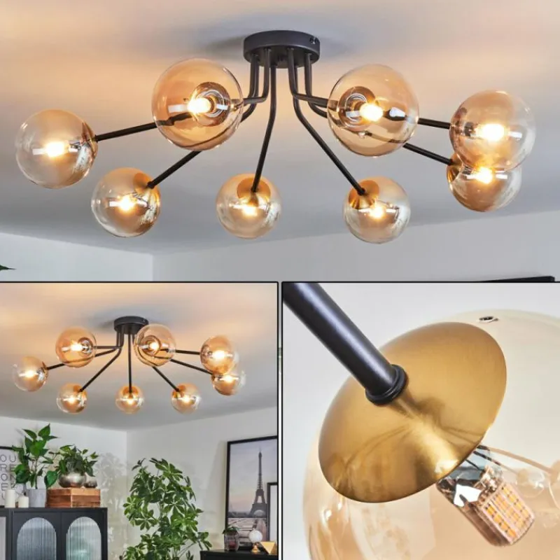 hofstein Plafonnier - Verre 12 cm Chehalis Or, Noir, 8 lumières