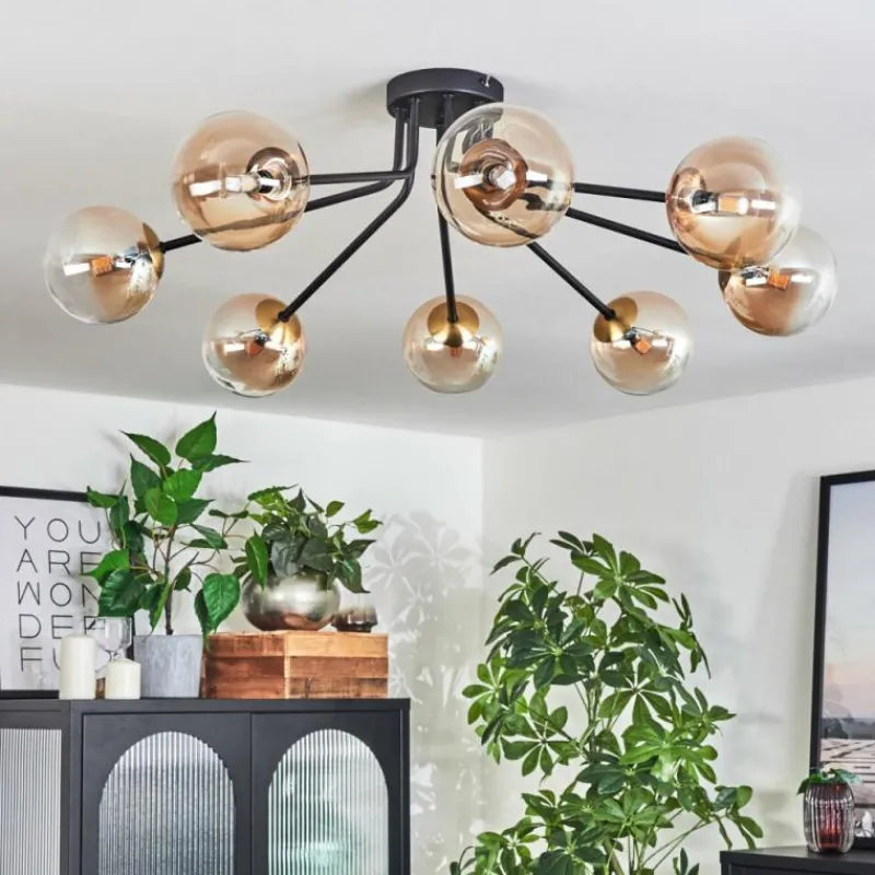 hofstein Plafonnier - Verre 12 cm Chehalis Or, Noir, 8 lumières