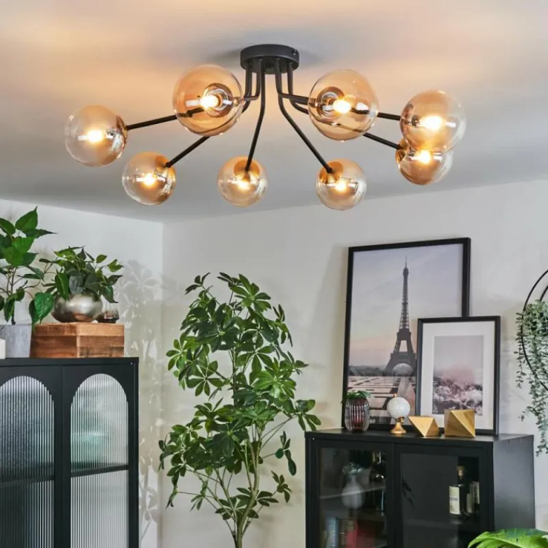 hofstein Plafonnier - Verre 12 cm Chehalis Or, Noir, 8 lumières