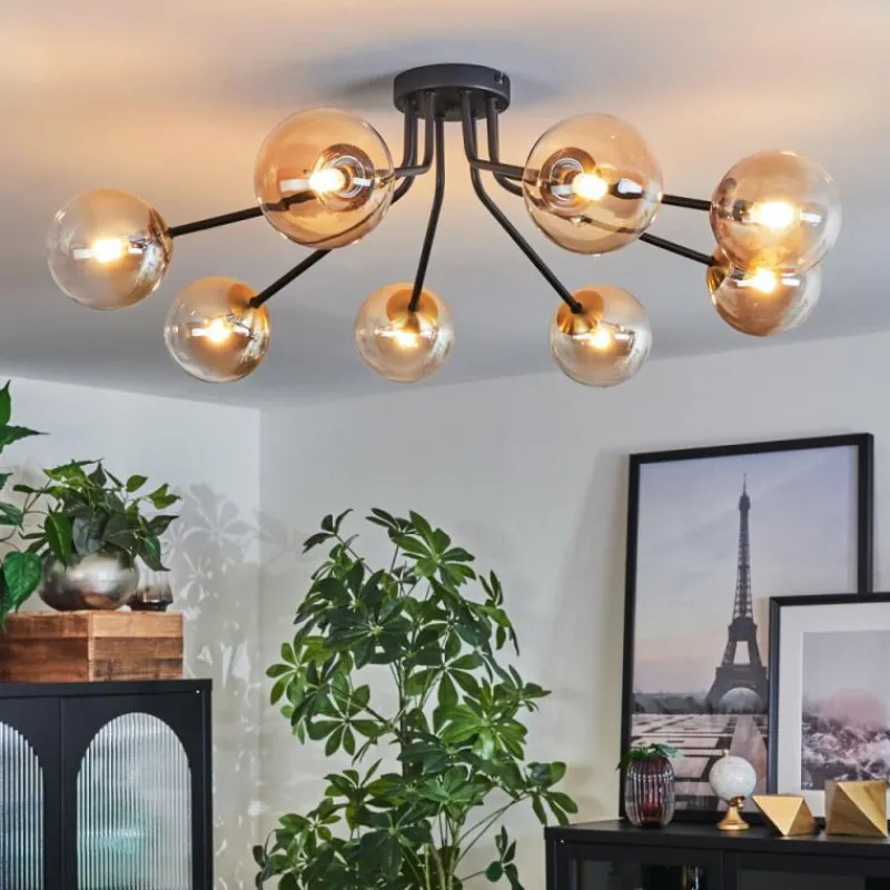 hofstein Plafonnier - Verre 12 cm Chehalis Or, Noir, 8 lumières