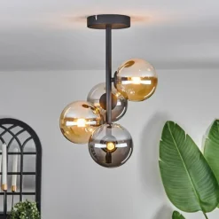 hofstein Plafonnier - Verre 12 cm Chehalis Ambre, Fumé, 4 lumières