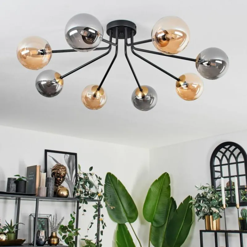 Lampes Dorées-hofstein Plafonnier - Verre 12 cm Chehalis Or, Noir, 8 lumières