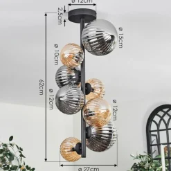 hofstein Plafonnier - Verre 10 cm, 12cm, 15cm Chehalis Ambre, Fumé, 8 lumières