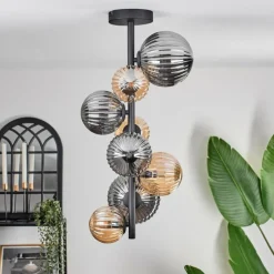 hofstein Plafonnier - Verre 10 cm, 12cm, 15cm Chehalis Ambre, Fumé, 8 lumières