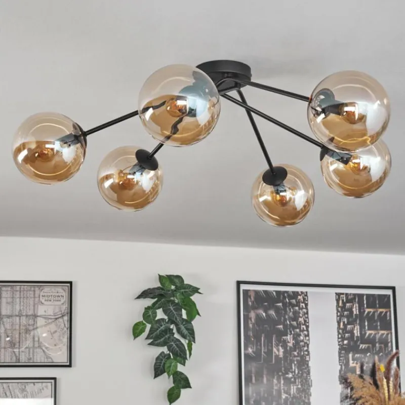 hofstein Plafonnier - Verre 15 cm Gastor Ambre, 6 lumières