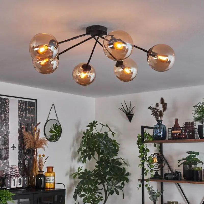 hofstein Plafonnier - Verre 15 cm Gastor Ambre, 6 lumières