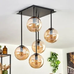 hofstein Plafonnier - Verre 15 cm Gastor Ambre, 5 lumières