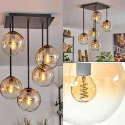 hofstein Plafonnier - Verre 15 cm Gastor Ambre, Clair, 5 lumières