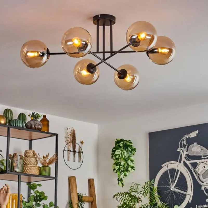 hofstein Plafonnier - Verre 15 cm Gastor Ambre, 6 lumières