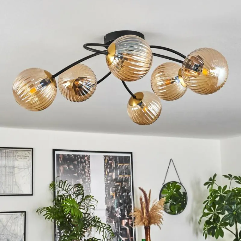 hofstein Plafonnier - Verre Chehalis Or, Noir, 6 lumières