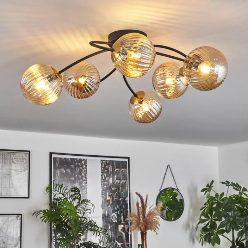 hofstein Plafonnier - Verre Chehalis Or, Noir, 6 lumières