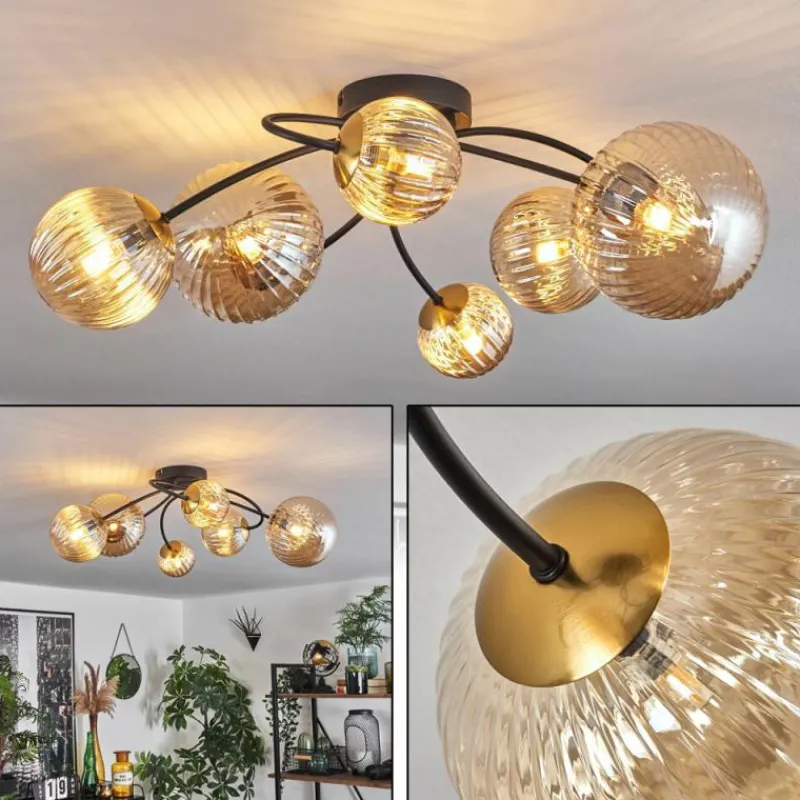 hofstein Plafonnier - Verre Chehalis Or, Noir, 6 lumières