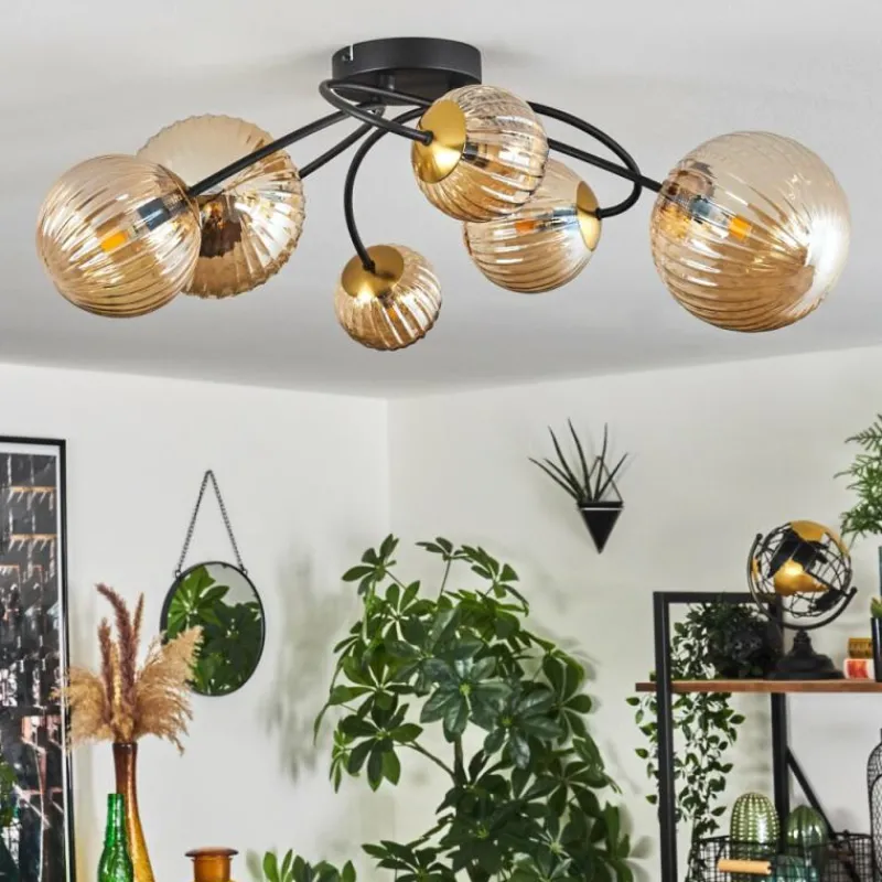 hofstein Plafonnier - Verre Chehalis Or, Noir, 6 lumières