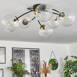 hofstein Plafonnier - Verre Chehalis Or, Noir, 6 lumières