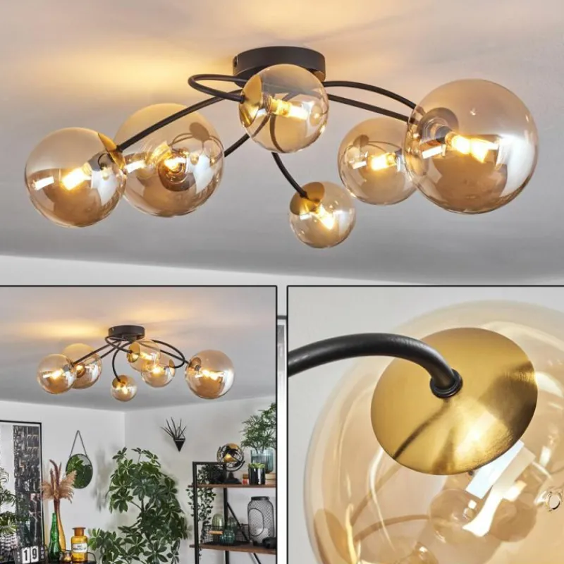 hofstein Plafonnier - Verre Chehalis Or, Noir, 6 lumières