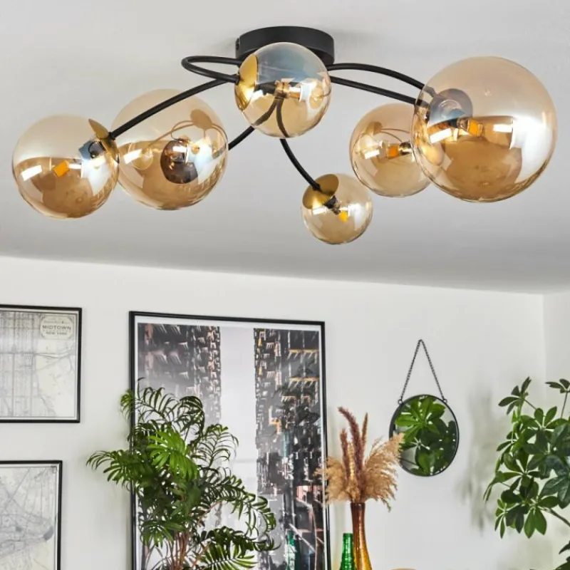 hofstein Plafonnier - Verre Chehalis Or, Noir, 6 lumières