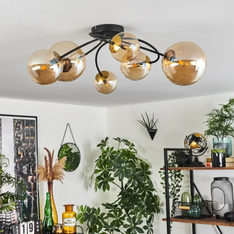 hofstein Plafonnier - Verre Chehalis Or, Noir, 6 lumières