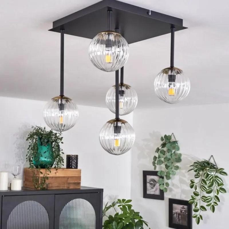 hofstein Plafonnier - Verre Chehalis Or, Noir, 5 lumières