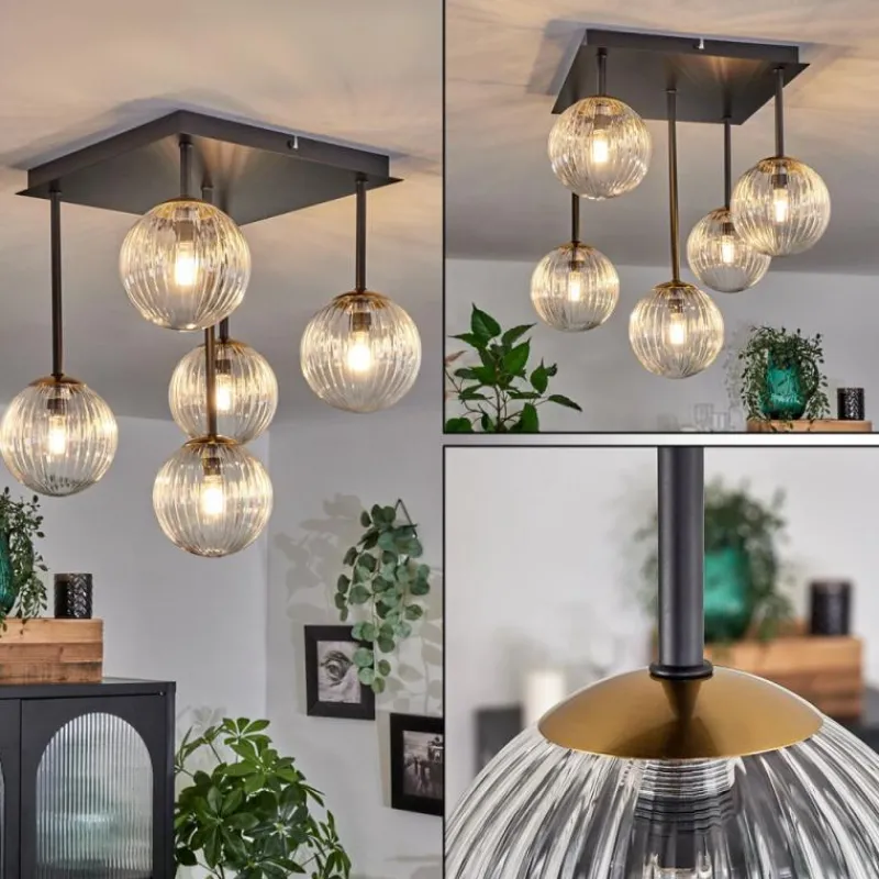 hofstein Plafonnier - Verre Chehalis Or, Noir, 5 lumières