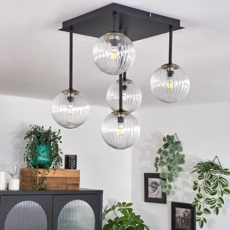 hofstein Plafonnier - Verre Chehalis Or, Noir, 5 lumières