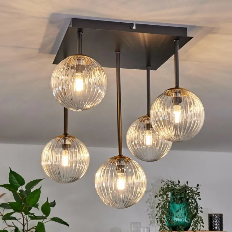 hofstein Plafonnier - Verre Chehalis Or, Noir, 5 lumières