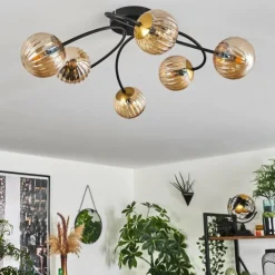 hofstein Plafonnier - Verre Chehalis Or, Noir, 6 lumières