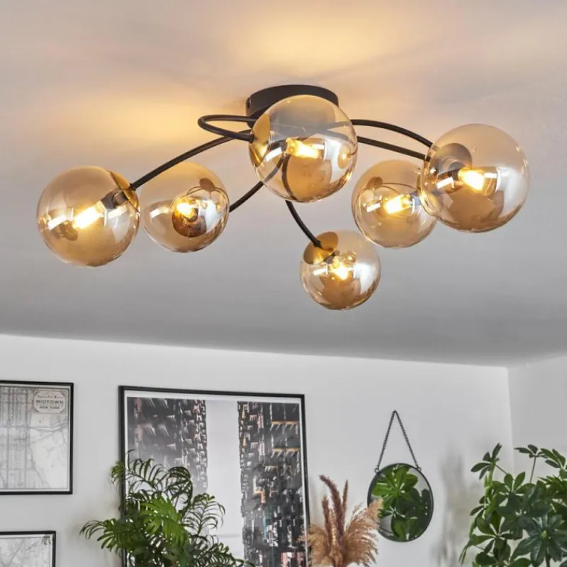 hofstein Plafonnier - Verre Chehalis Or, Noir, 6 lumières