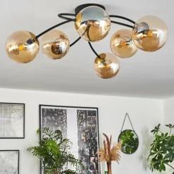 hofstein Plafonnier - Verre Chehalis Or, Noir, 6 lumières