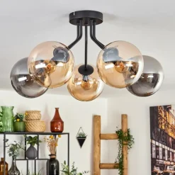 hofstein Plafonnier - Verre Gastor Ambre, Fumé, 5 lumières