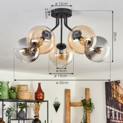 hofstein Plafonnier - Verre Gastor Ambre, Clair, Fumé, 5 lumières