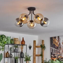 hofstein Plafonnier - Verre Gastor Ambre, Clair, Fumé, 5 lumières