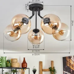 hofstein Plafonnier - Verre Gastor Ambre, Clair, 5 lumières