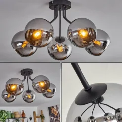 hofstein Plafonnier - Verre Koyoto Chrome, Fumé, 5 lumières