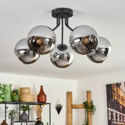 hofstein Plafonnier - Verre Koyoto Chrome, Fumé, 5 lumières