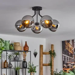 hofstein Plafonnier - Verre Koyoto Chrome, Fumé, 5 lumières