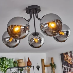 hofstein Plafonnier - Verre Koyoto Chrome, Fumé, 5 lumières