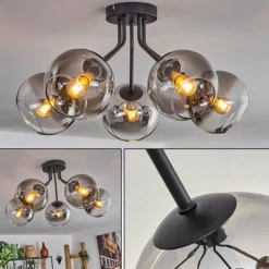 hofstein Plafonnier - Verre Koyoto Clair, Fumé, 5 lumières