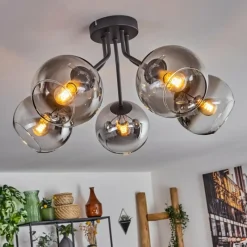 hofstein Plafonnier - Verre Koyoto Clair, Fumé, 5 lumières